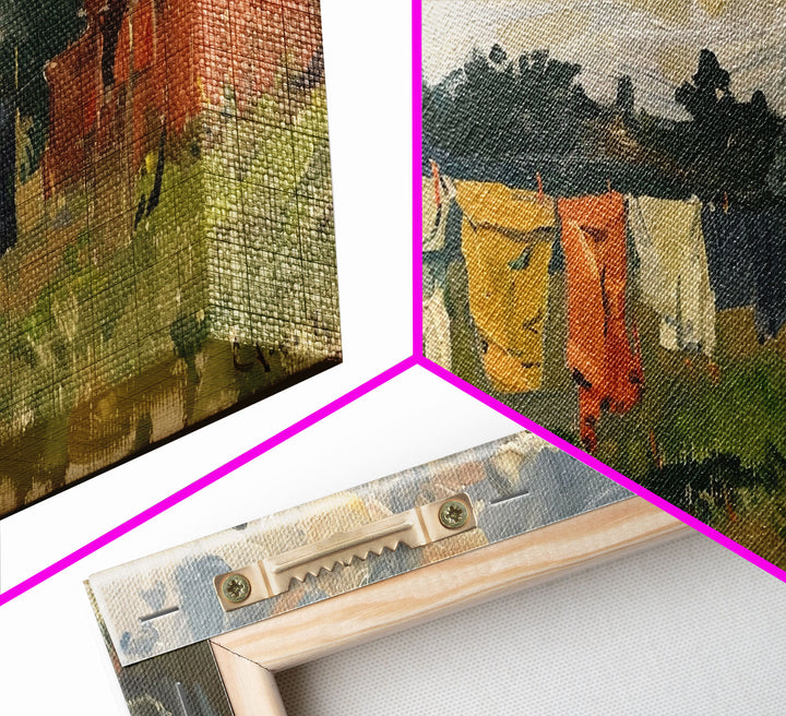 Sunny Day on the Farm with Clothesline, Framed Canvas Print, Rustic Wall Art, Living Room Decor, Farmhouse Style, Country Scene