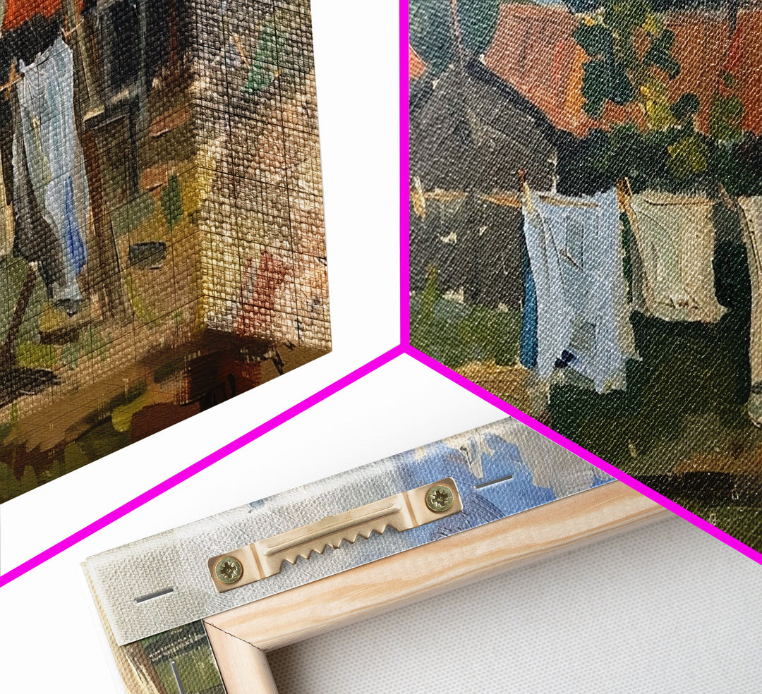 Rustic Homestead with Clothesline, Framed Canvas Print, Farmhouse Style, Living Room Art, Country Decor, Vintage Scene