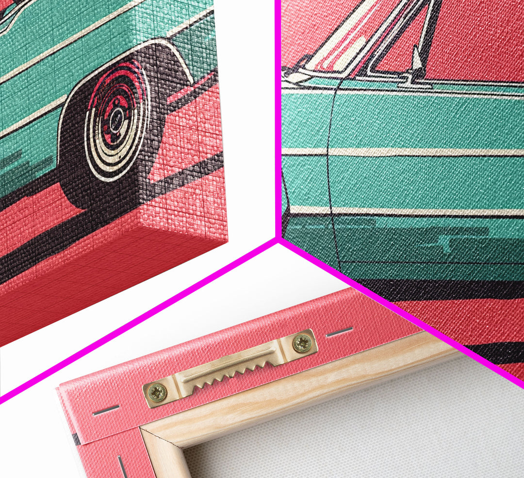 Cowgirl Leaning Against Classic Car in Pop Art Style, Vibrant Framed Canvas Print for Bedroom, Perfect Living Room Wall Art