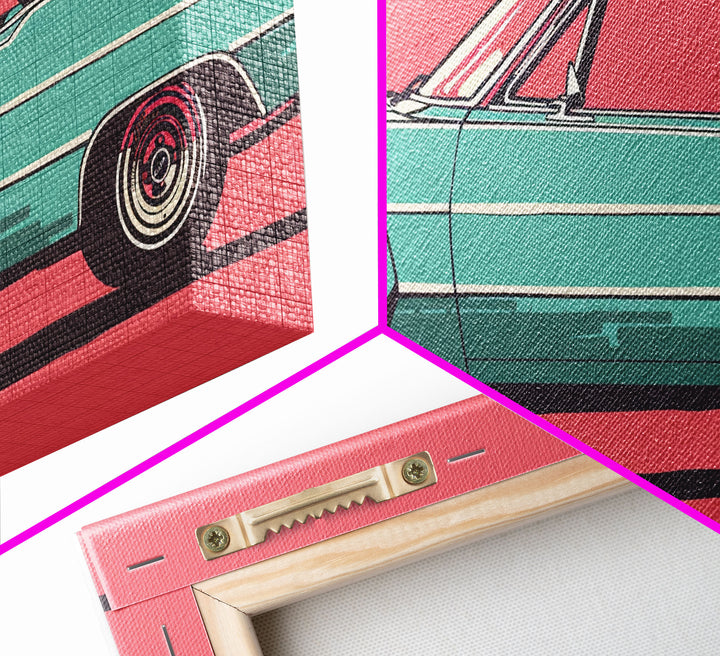 Cowgirl Leaning Against Classic Car in Pop Art Style, Vibrant Framed Canvas Print for Bedroom, Perfect Living Room Wall Art