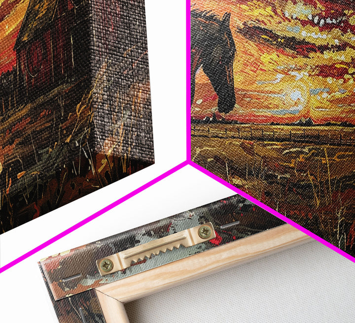 Dark Horse at Sunset with Barn, Stunning Abstract Art, Framed Canvas Print, Boho Wall Art, Bedroom Decor, Unique Home Decoration