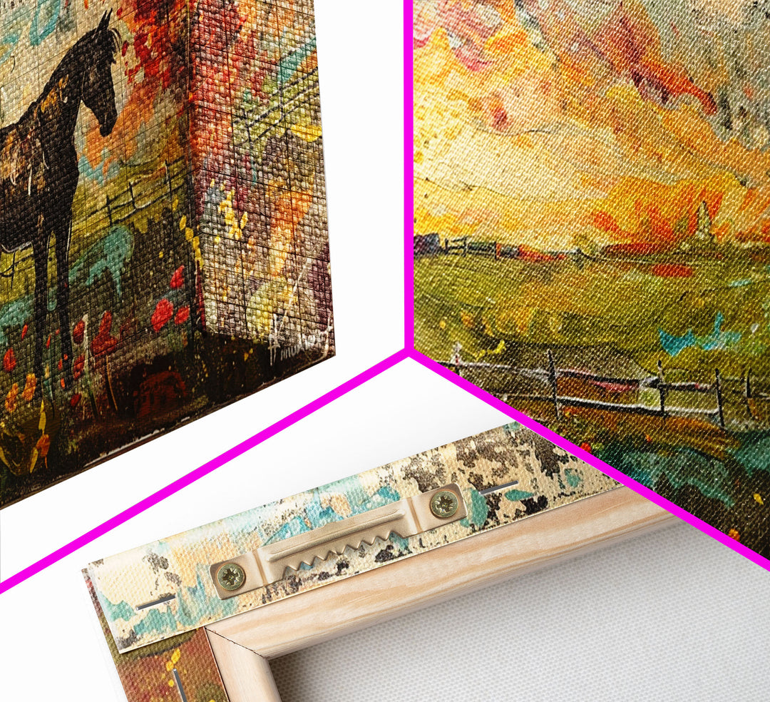 Horse and Red Barn in Colorful Field, Beautiful Farmhouse Art, Framed Canvas Print, Rustic Living Room Decor, Vibrant Wall Art