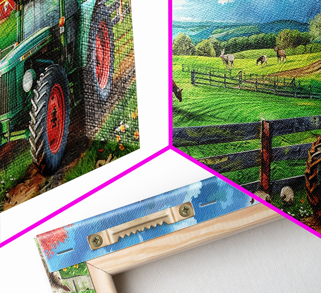 Green Tractor and Red Barn in Lush Fields, Perfect Farmhouse Art, Framed Canvas Print, Rural Wall Decor, Living Room Decoration