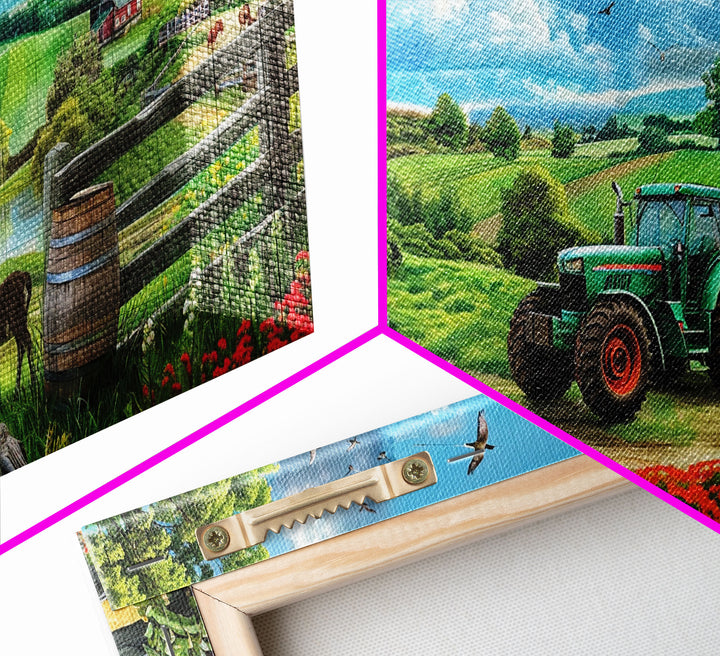 Green Tractor Near Red Barn in Countryside, Charming Farm Art, Framed Canvas Print, Country Living Room Decor, Wall Art