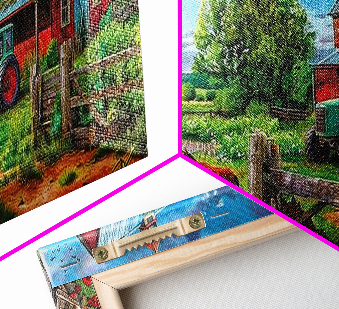 Rustic Barn with Green Tractor in Field, Stunning Country Art, Framed Canvas Print, Farmhouse Wall Decor, Living Room Decoration