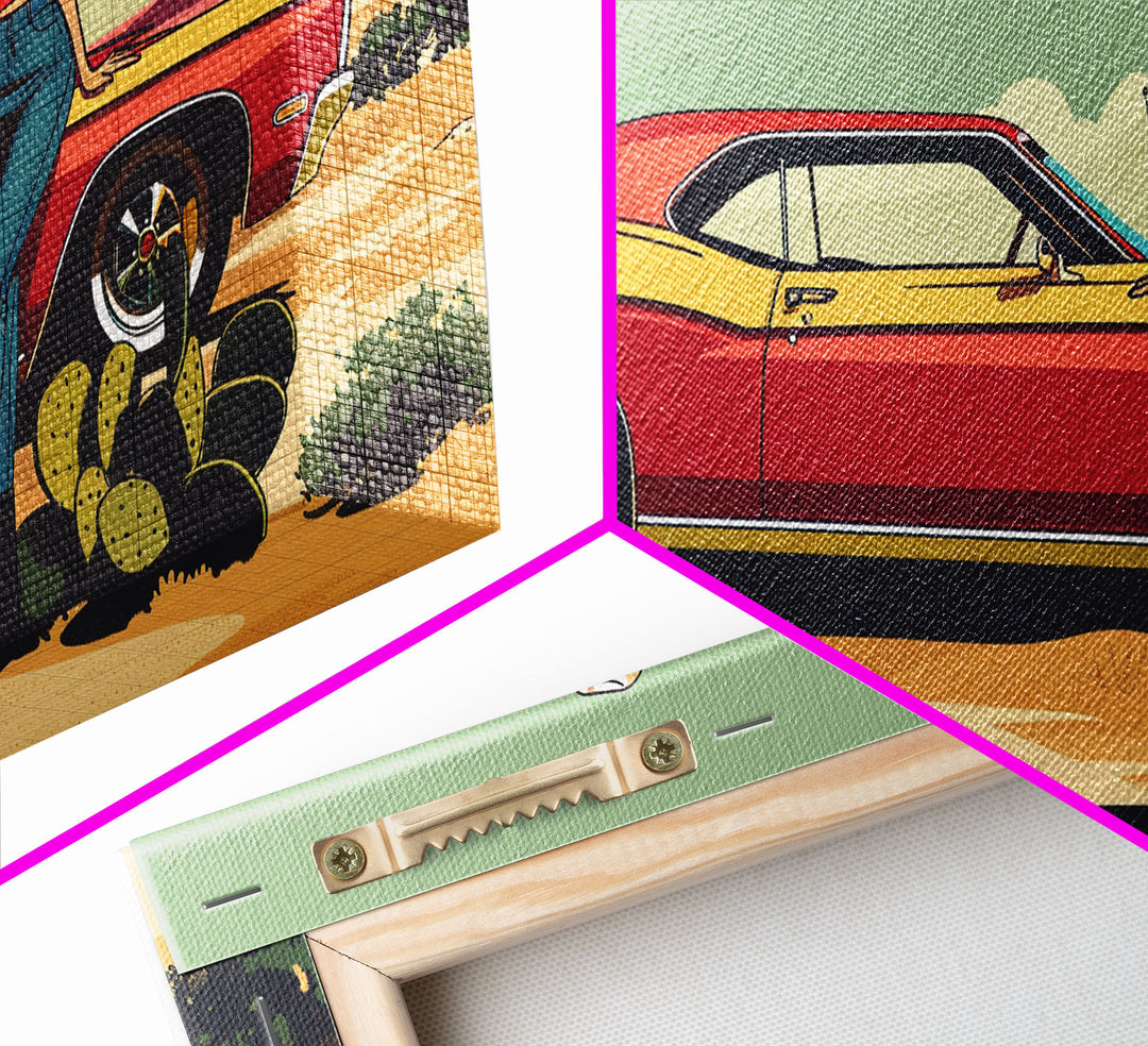 Retro Cowgirl with Red Car in Desert Landscape, Framed Canvas Print for Stylish Living Room Decor, Ideal Bedroom Wall Art