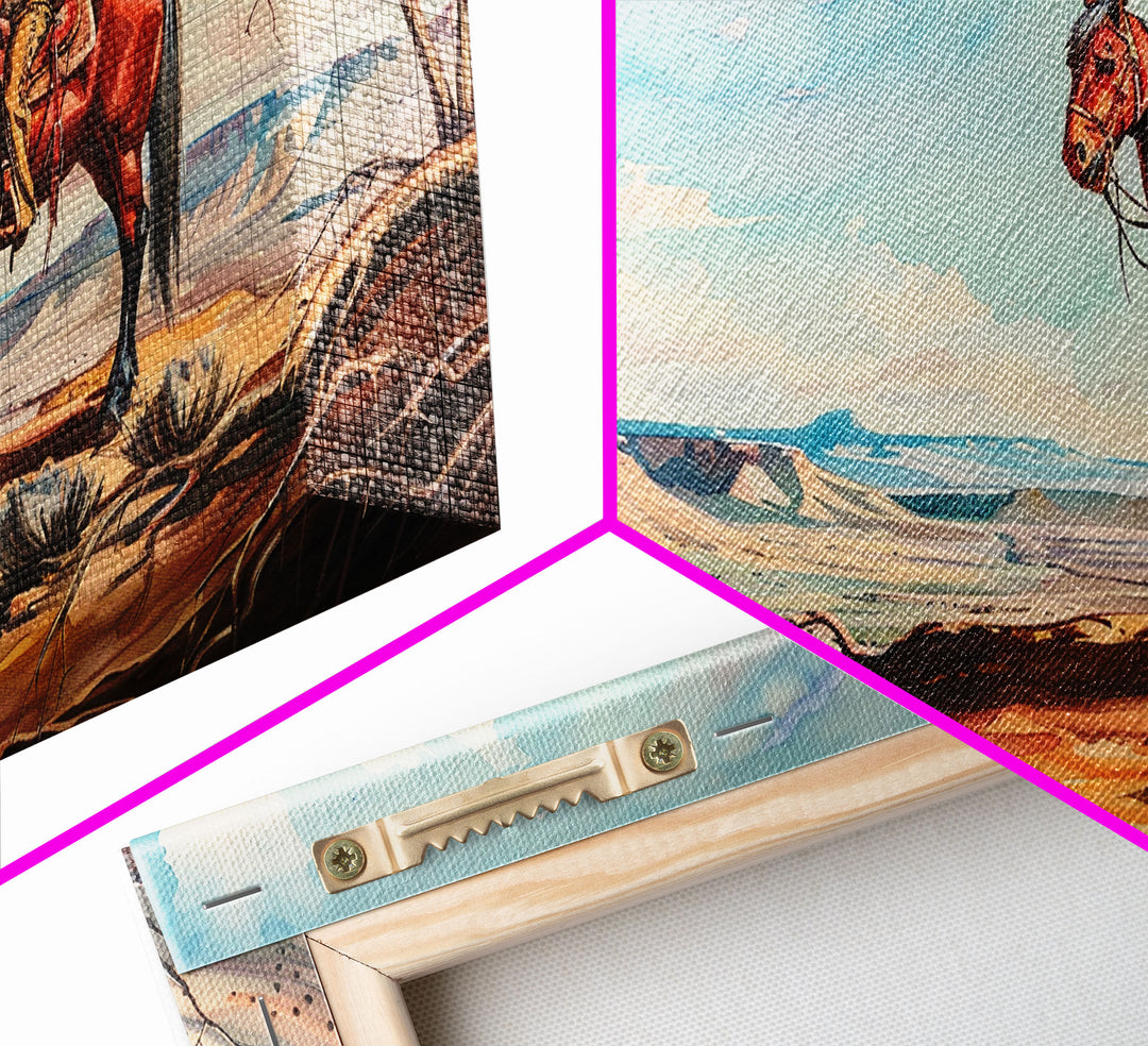 Cowboy on Horse Overlooking Canyon, Majestic Western Art, Framed Canvas Print, Boho Wall Art, Living Room Decor, Home Decoration