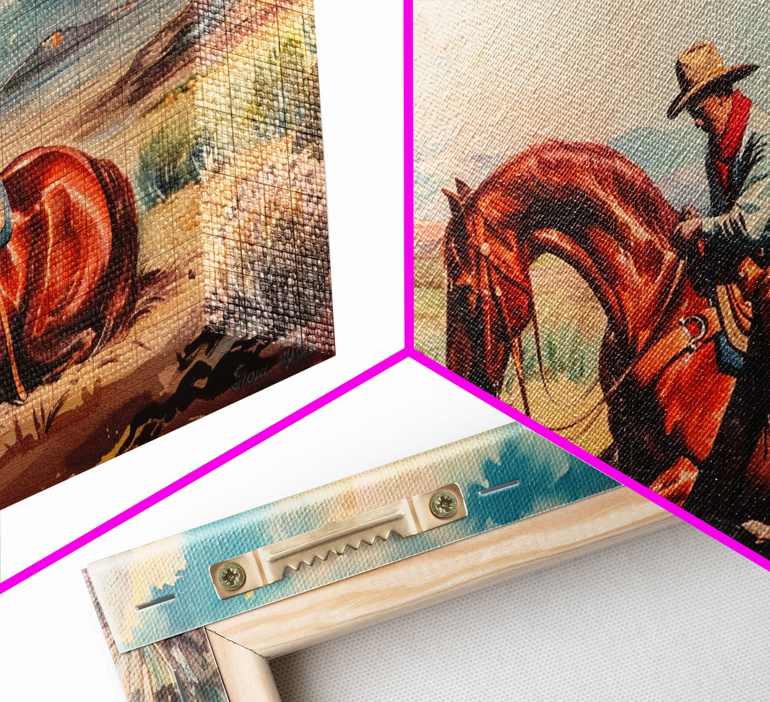 Cowboy Comforting Horse in Open Plains, Farmhouse Western Decor, Framed Canvas Print, Country Living Art, Rustic Wall Art for Home