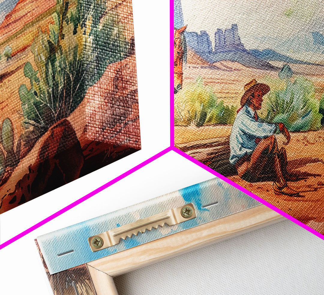 Cowboy Resting by Horse in Desert Scene, Rustic Farmhouse Art, Framed Canvas Print, Western Decor, Living Room Wall Art, Country Style