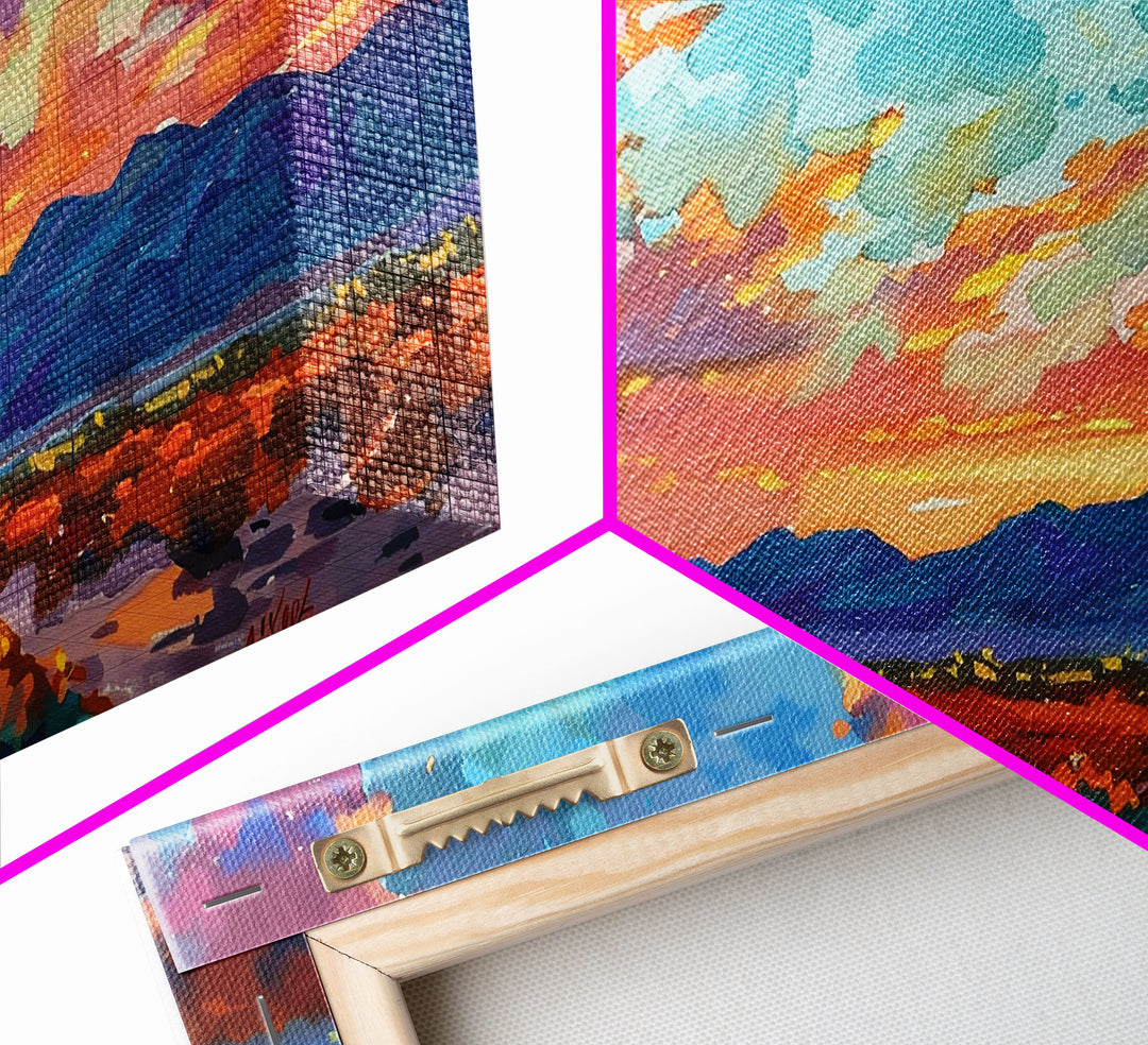 Road Through Desert at Sunset, Colorful Southwestern Art, Framed Canvas Print, Boho Wall Decor, Rustic Living Room Art, Desert Scene