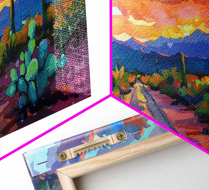 Cacti and Mountains Under Sunset Sky, Vibrant Southwestern Landscape Art, Framed Canvas Print, Boho Living Room Decor, Desert Scene