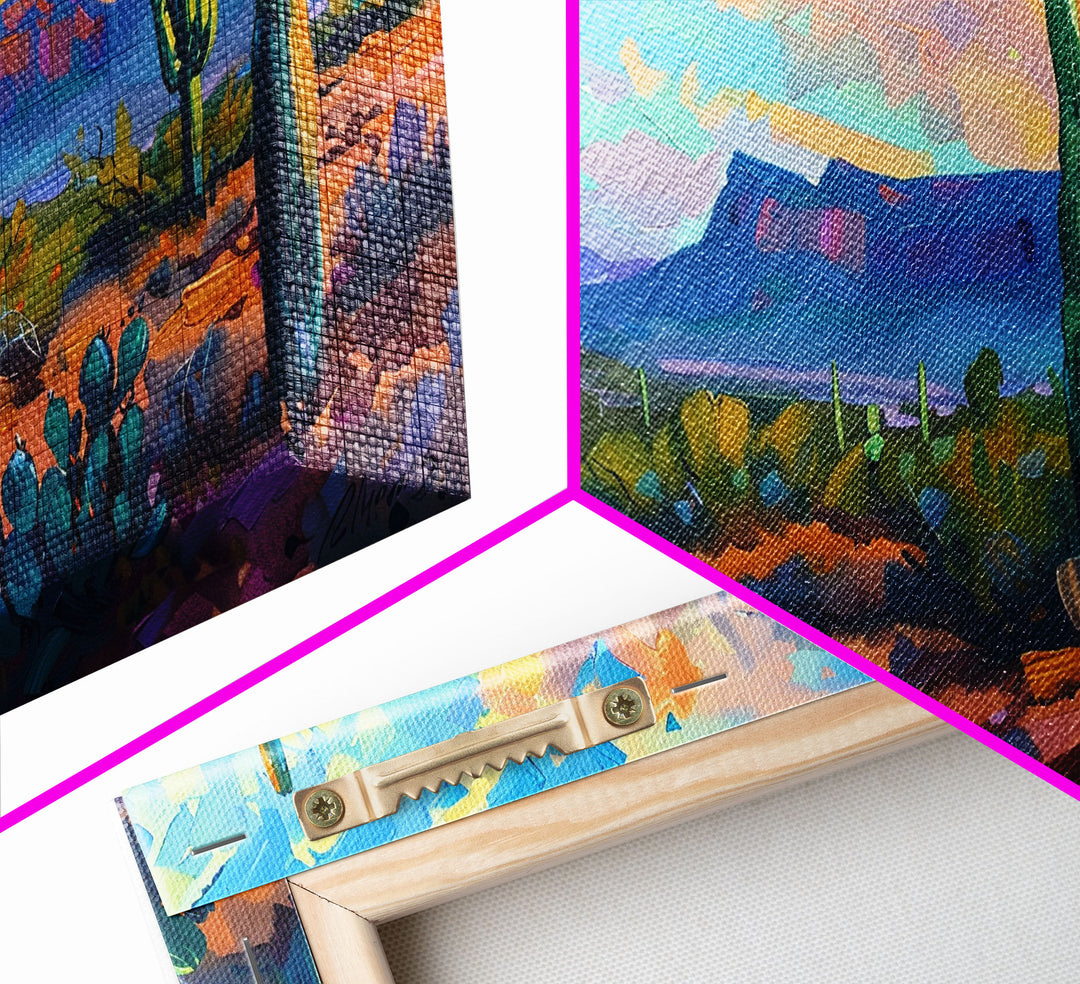 Desert Sunset with Cacti and Mountains, Abstract Southwestern Art, Framed Canvas Print, Rustic Boho Wall Decor, Living Room Art
