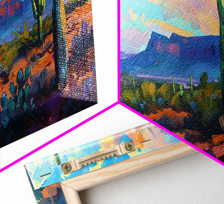Desert Sunset with Cacti and Mountains, Abstract Southwestern Art, Framed Canvas Print, Rustic Boho Wall Decor, Living Room Art