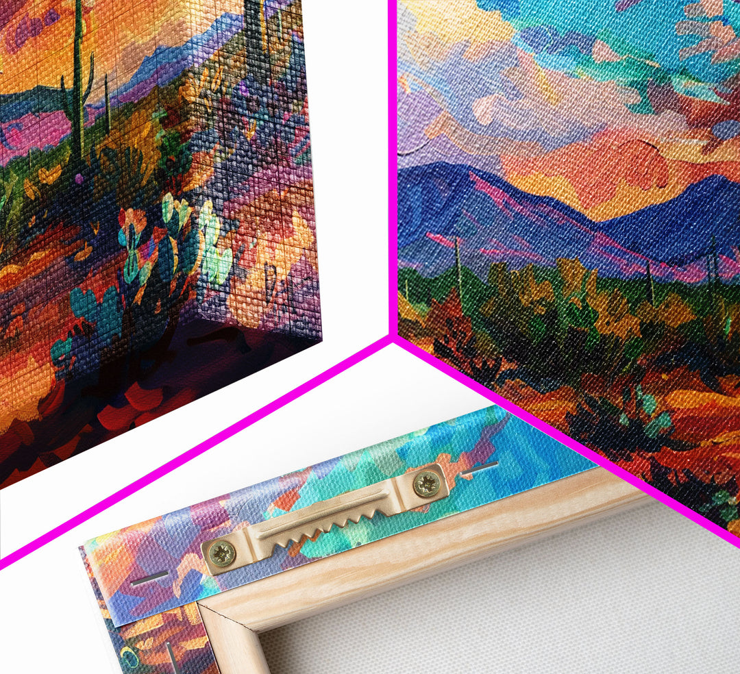 Vibrant Desert Sunset Landscape with Cacti, Framed Canvas Print for Living Room Art, Perfect for Boho and Southwestern Decor