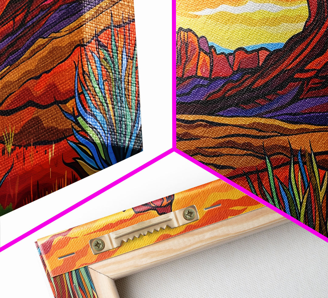 Colorful Desert Sunset with Saguaro Cacti, Framed Canvas Print for Living Room Art, Ideal for Southwestern and Boho Decor