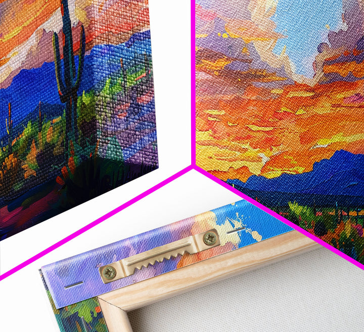 Stunning Desert Sunset with Cacti Silhouettes, Framed Canvas Print for Bedroom Art, Great for Boho and Southwestern Decor