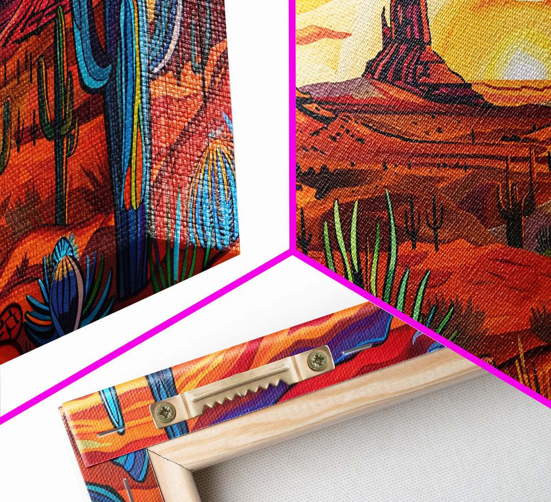 Colorful Desert Evening with Cacti and Mountains, Framed Canvas Print for Bedroom Art, Great for Boho and Southwestern Decor