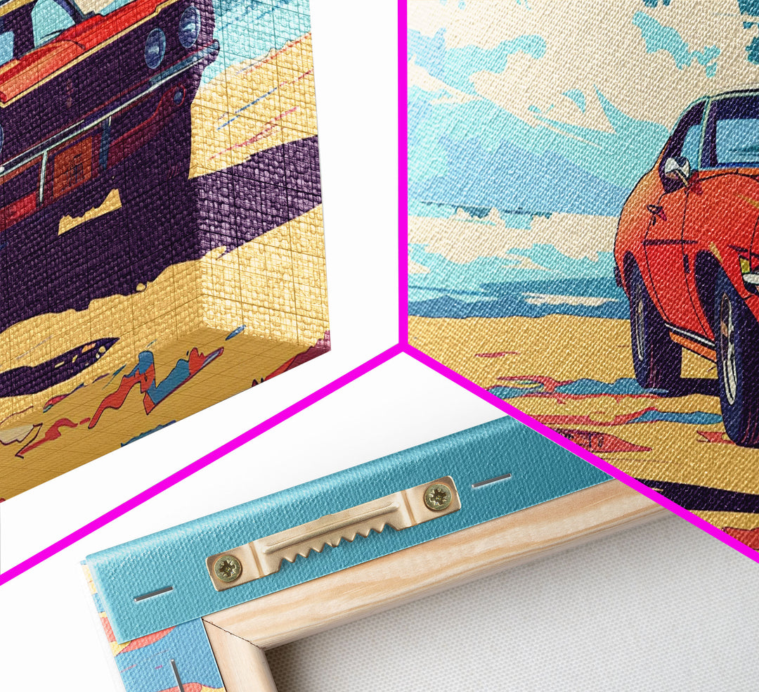 Stylized Cowgirl with Red Car in Vast Desert, Framed Canvas Print for Bedroom, Ideal Living Room Art, Retro Wall Decor