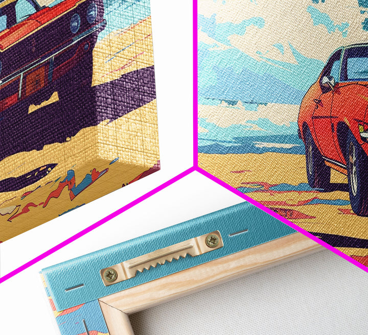 Stylized Cowgirl with Red Car in Vast Desert, Framed Canvas Print for Bedroom, Ideal Living Room Art, Retro Wall Decor