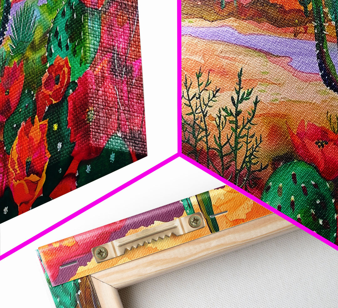 Majestic Cacti and Mountains at Sunset, Captivating Framed Canvas Print for Bedroom, Southwestern Style Wall Art, Nature Scene