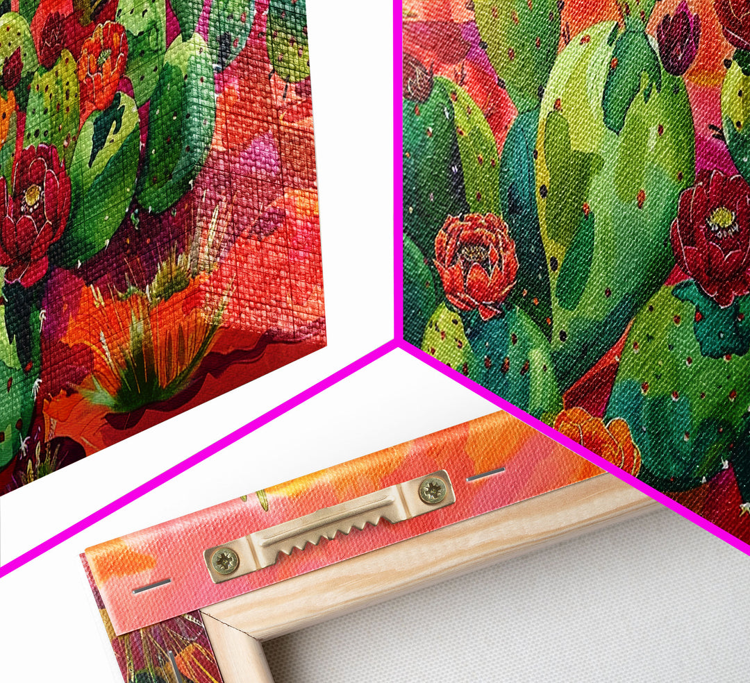 Bright Desert Flowers and Cacti with Mountains, Vibrant Framed Canvas Print for Home, Boho Wall Art, Nature Lover's Decor