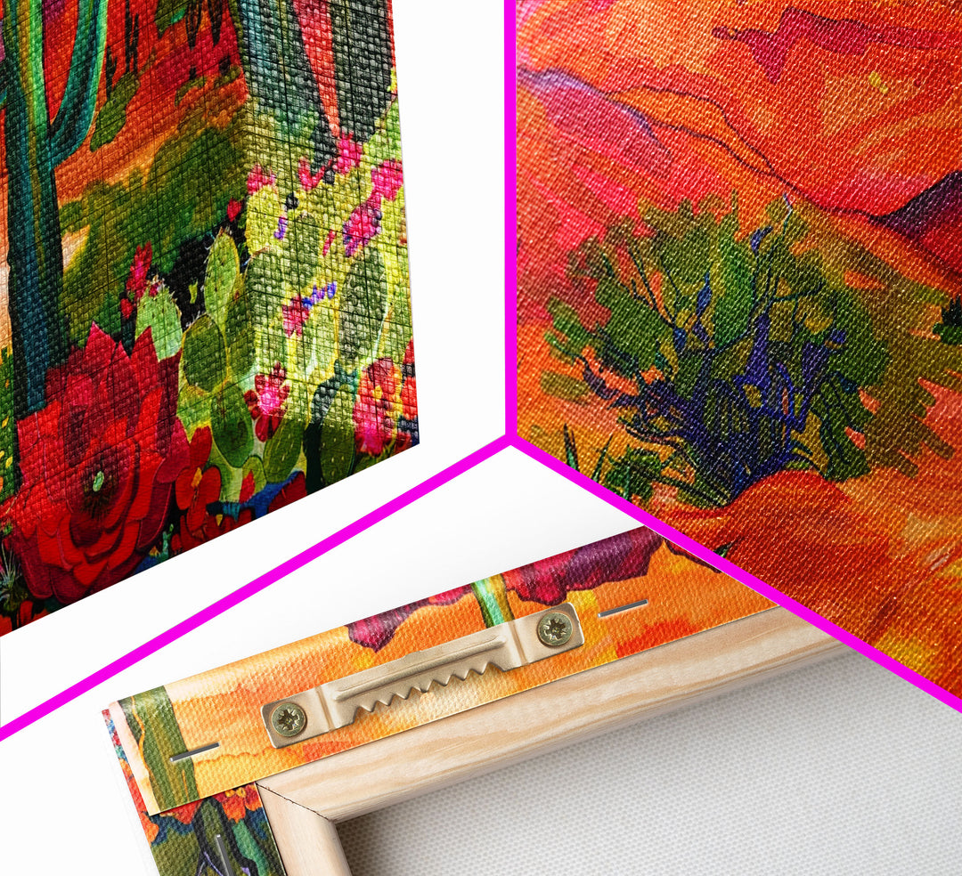 Colorful Desert Landscape with Cacti and Mountains, Stunning Framed Canvas Print for Living Room, Boho Wall Art, Nature Decor