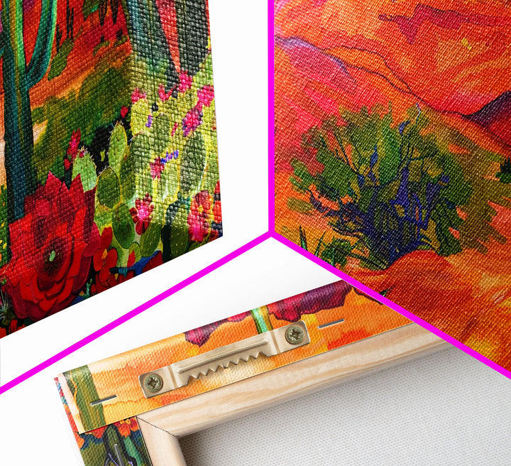 Colorful Desert Landscape with Cacti and Mountains, Stunning Framed Canvas Print for Living Room, Boho Wall Art, Nature Decor