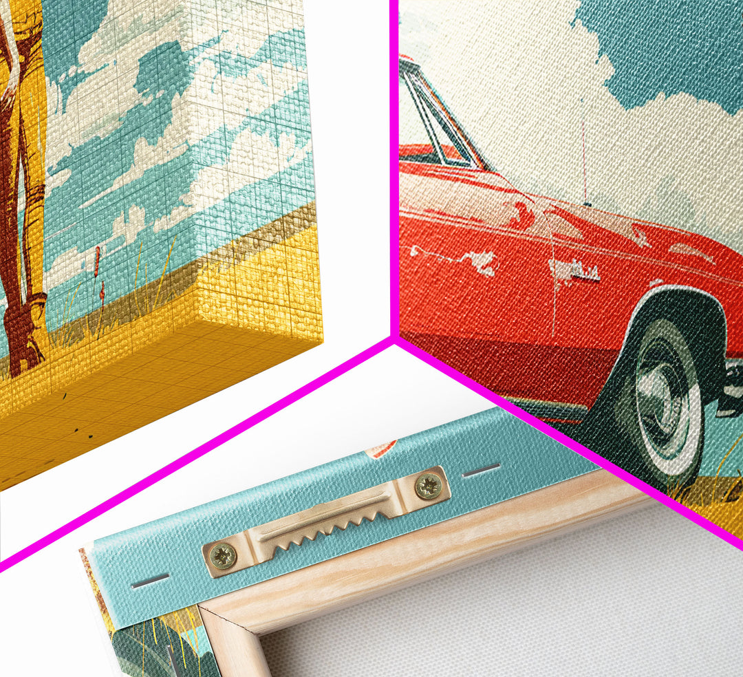 Vintage Cowgirl and Classic Red Car in Pop Art Style, Framed Canvas Print for Bedroom Decor, Perfect Living Room Wall Art