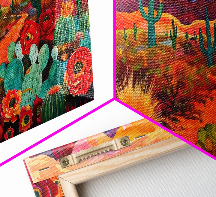Vibrant desert scene with cacti and blooming flowers, Framed Canvas Print for boho living room, southwestern home decor art