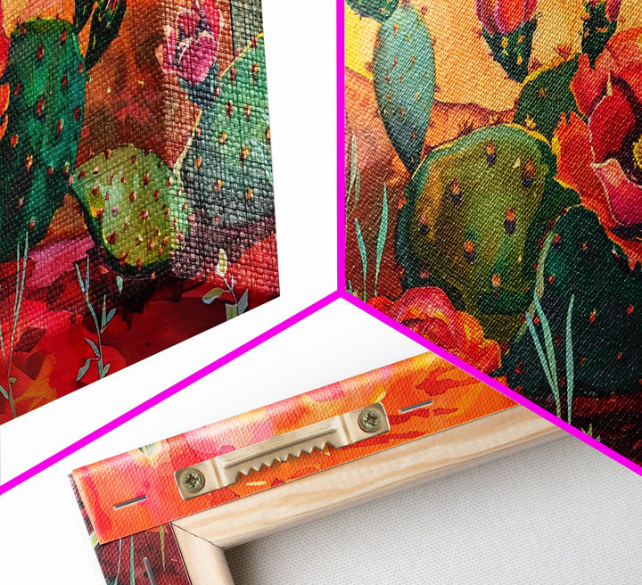 Prickly pear cacti with vibrant blooms in desert scene, Framed Canvas Print, great for modern living room, boho wall decor