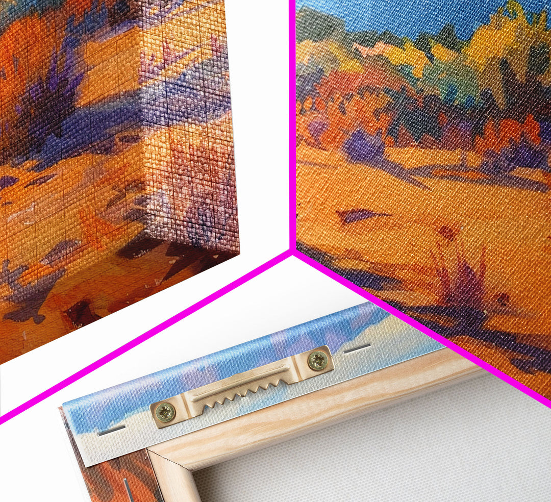 Serene desert landscape with vibrant colors, Framed Canvas Print, perfect for boho living room, southwestern wall art decor