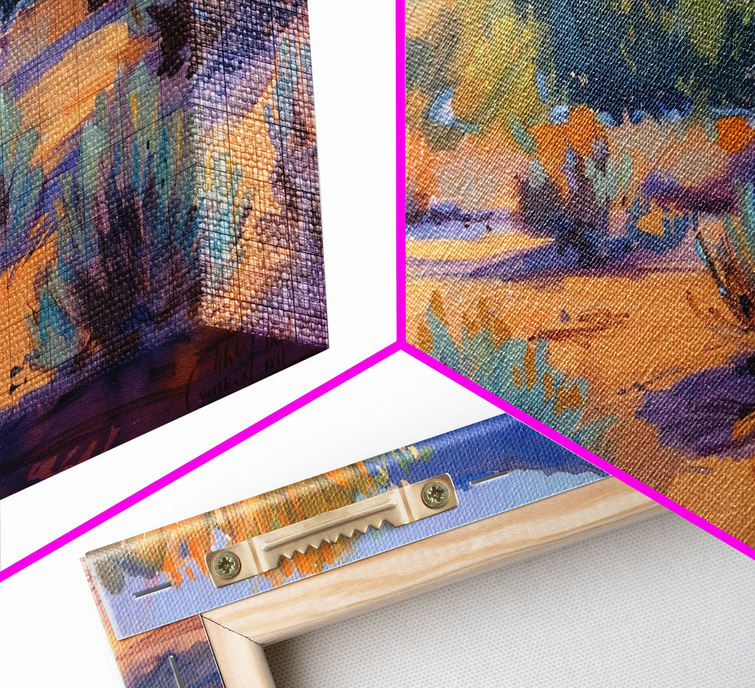 Colorful desert scene with distant mountains, Framed Canvas Print, ideal for minimalist living room, boho wall art decor