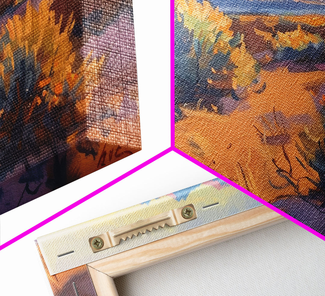 Desert brush and vibrant colors at sunset, Framed Canvas Print, perfect for southwestern living room, bohemian wall decor art