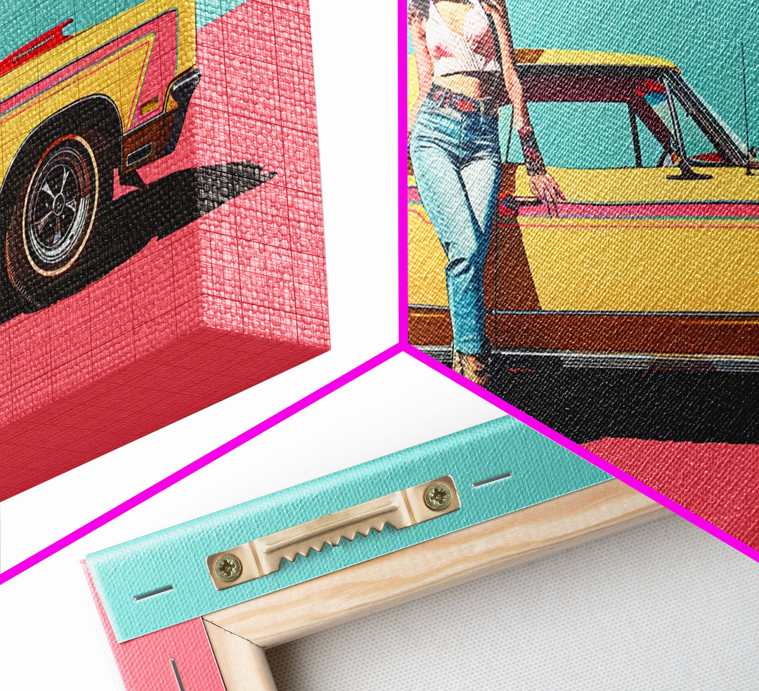 Bold Cowgirl Posing with Yellow Car, Pop Art Framed Canvas Print for Living Room, Ideal Bedroom Wall Art, Unique Home Decor