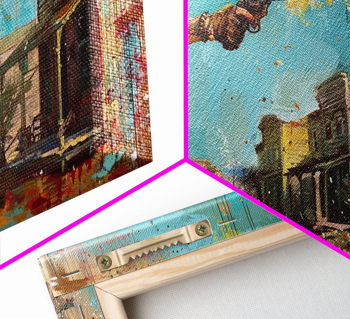 Framed Canvas Print Featuring Western Woman Shooting Revolver in Colorful Town, Ideal for Living Room Wall Art, Bedroom Decor