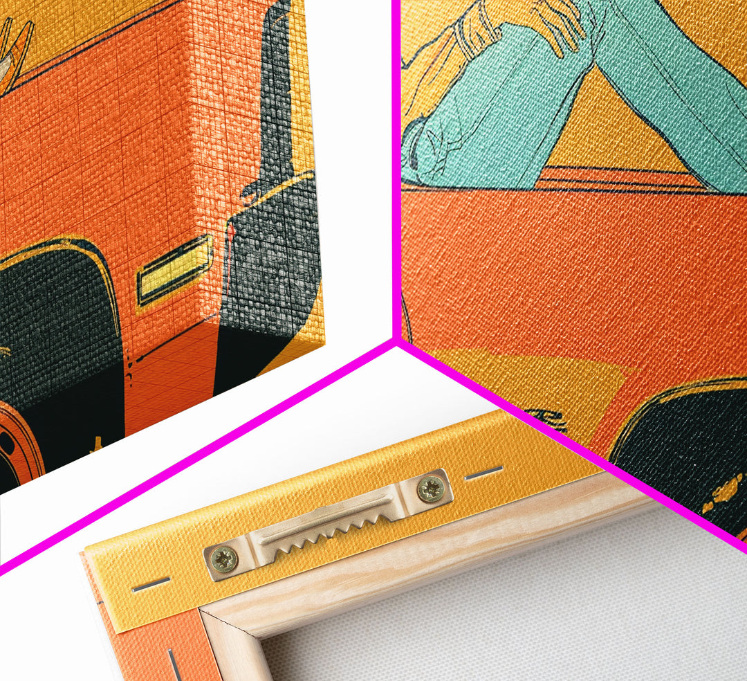 Relaxed Cowgirl Sitting on Car Hood, Retro Framed Canvas Print for Bedroom, Perfect Living Room Art, Vintage Wall Decor