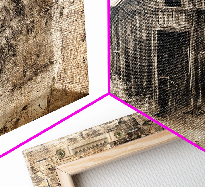 Old Wooden Shack in Rocky Terrain, Farmhouse Style Framed Canvas Print for Bedroom Art, Historical Home Decoration, Rustic Wall Art Piece