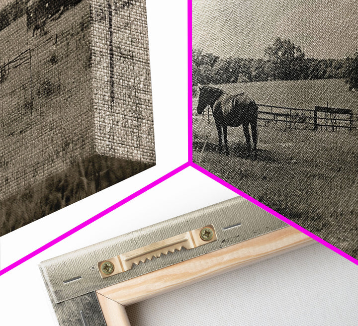 Horse Grazing in Pasture by Farmhouse, Antique Style Framed Canvas Print Country Living Room Decor, Rustic Farmhouse Wall Art, Nature Scene