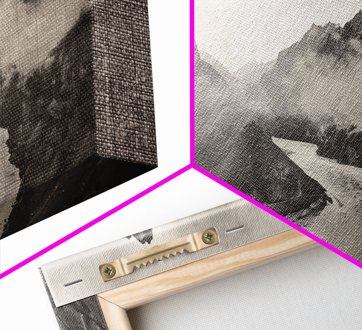 River Flowing through Mountain Valley, Black and White Framed Canvas Print for Farmhouse Bedroom Wall Art, Home Decoration, Scenic Nature