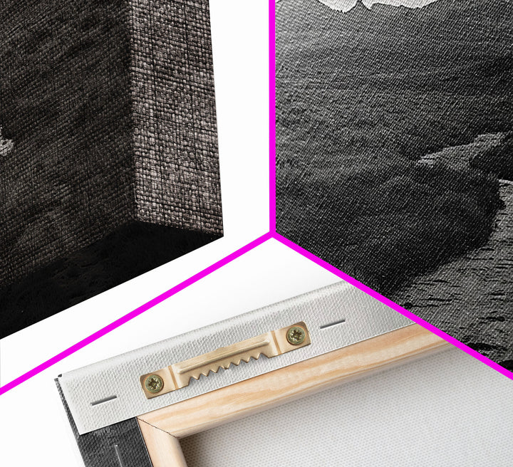 River and Rolling Hills Under Cloudy Sky, Black and White Framed Canvas Print Rustic Farmhouse Living Room Decor, Landscape Art, Home Decor