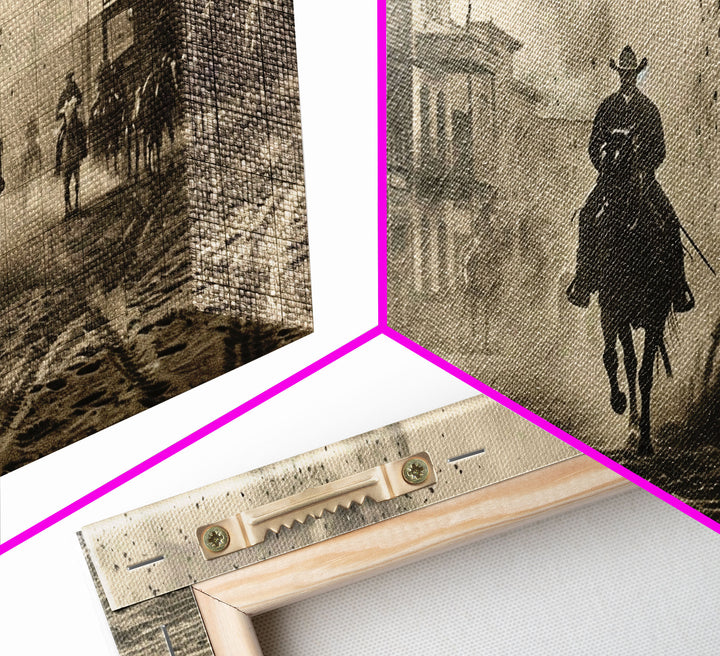 Cowboys Riding into Town, Vintage Framed Canvas Print Farmhouse Living Room Wall Art, Rustic Home Decor, Western Scene, Historical Art Piece