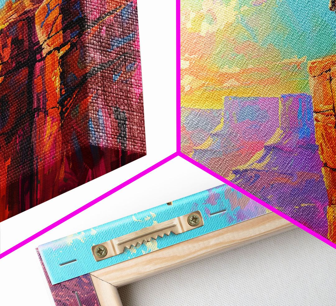 Cowboy on Horse Overlooking Canyon Sunset, Farmhouse Style Framed Canvas Print for Living Room Wall Art, Vibrant Home Decor, Western Scene