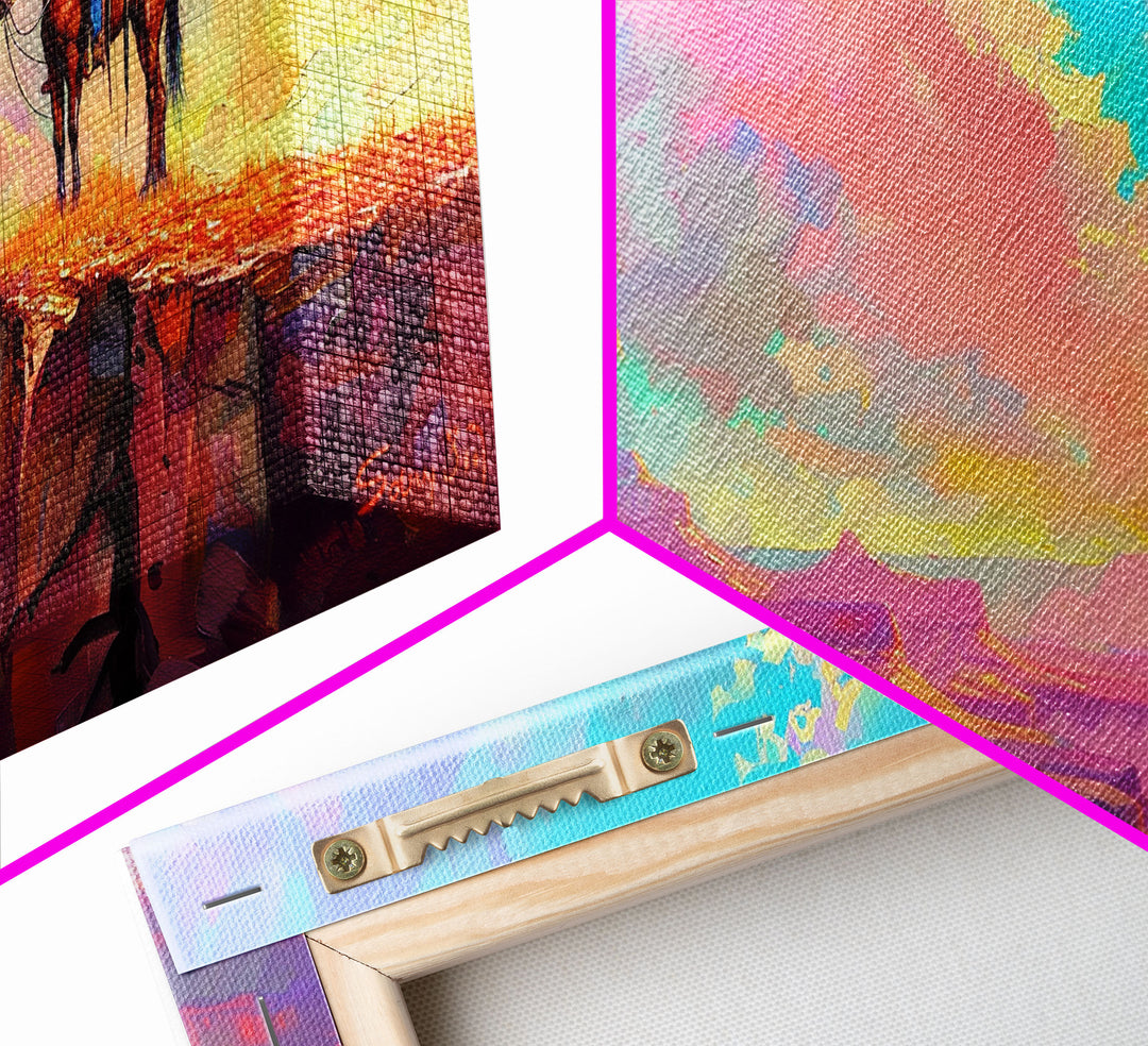 Cowboy on Horse with Colorful Sunset Sky, Farmhouse Style Framed Canvas Print for Living Room Wall Art, Vibrant Home Decor, Western Art