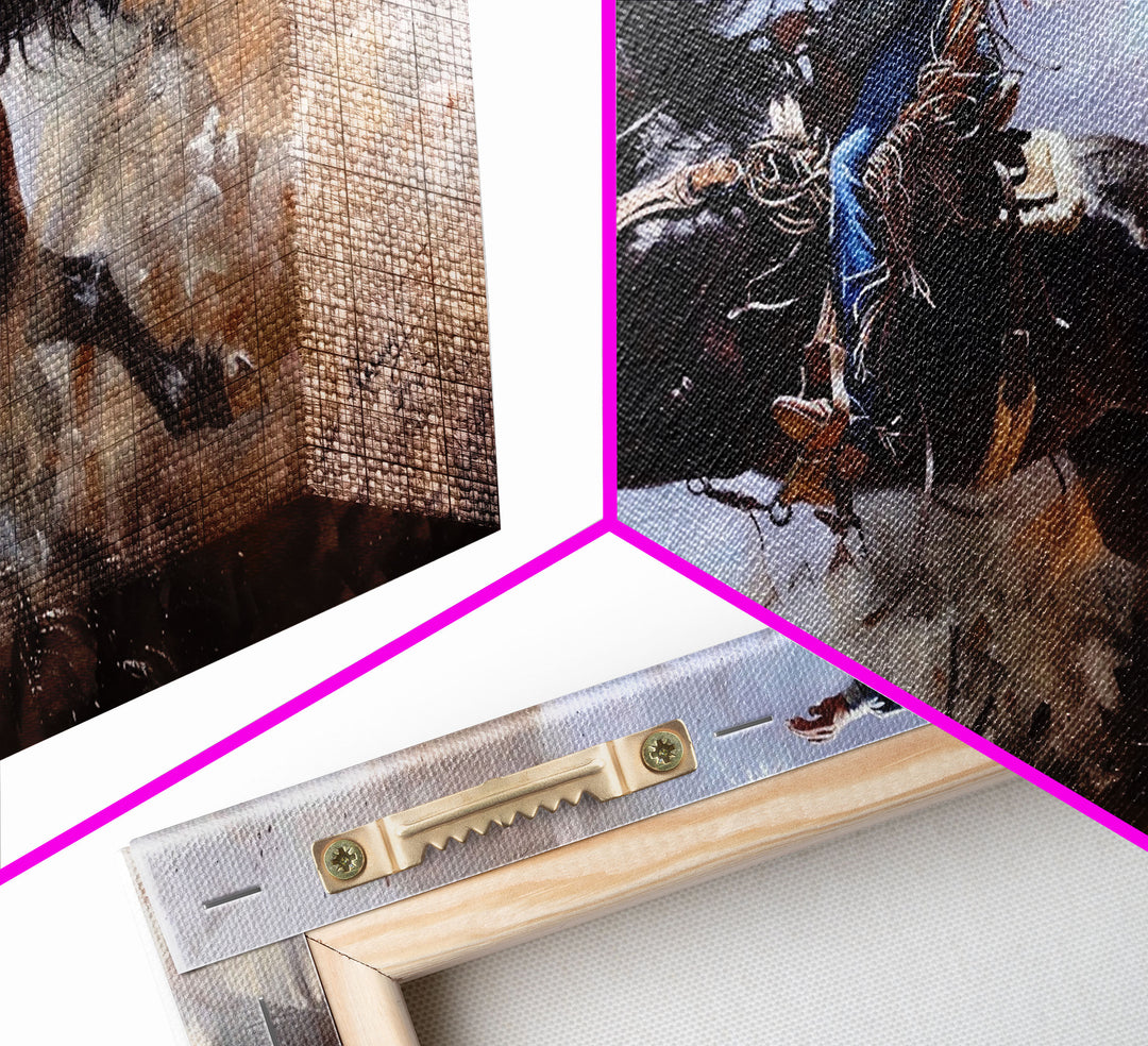 Colorful Cowboy Riding Horse in Dust, Farmhouse Style Framed Canvas Print for Living Room Wall Art, Vibrant Home Decor, Western Action Art