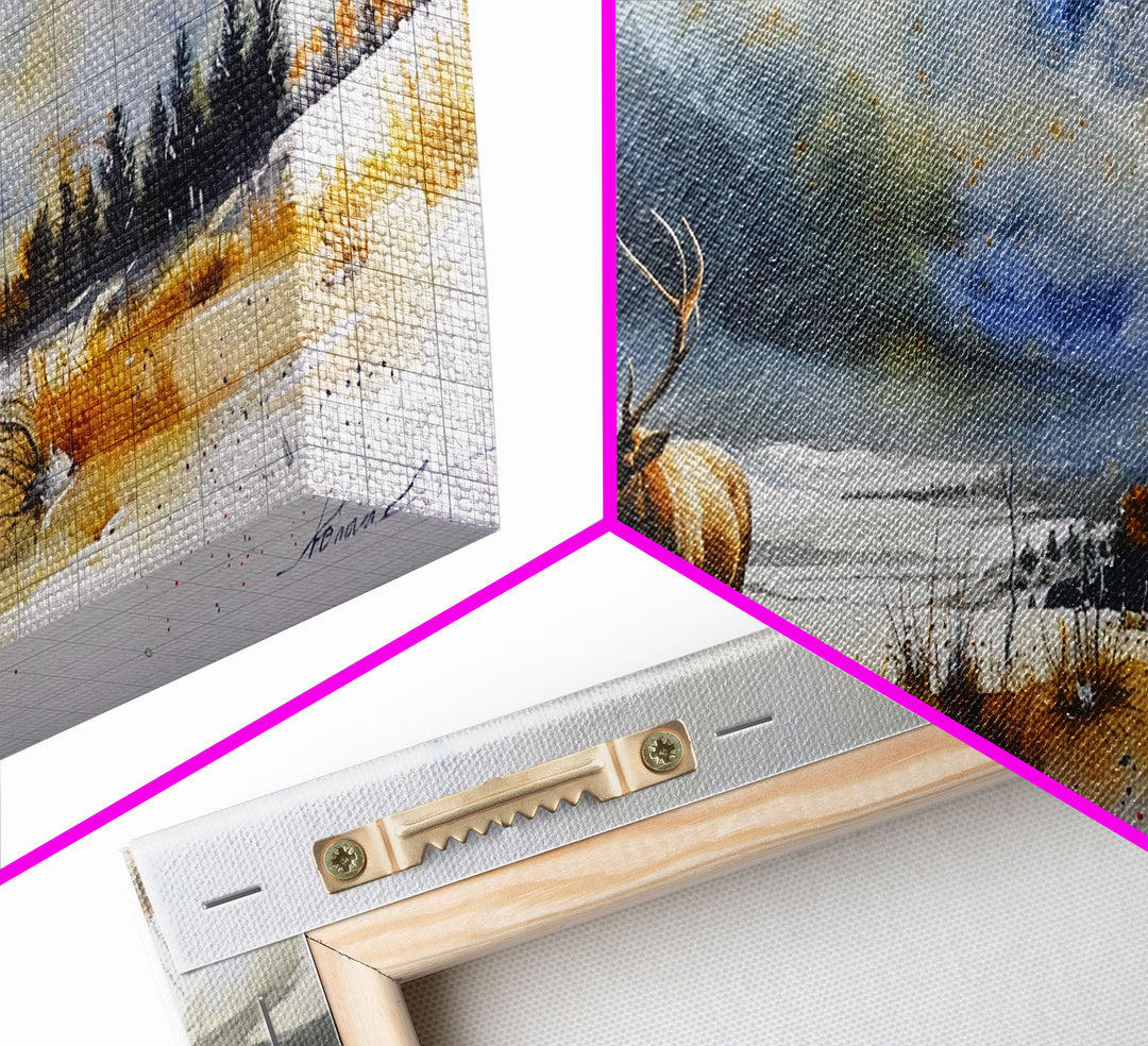 Majestic Elk in Snowy Mountain Scene, Beautiful Framed Canvas Print,for Living Room Art Rustic Bedroom Decor Nature Wall Art, Wildlife Scene