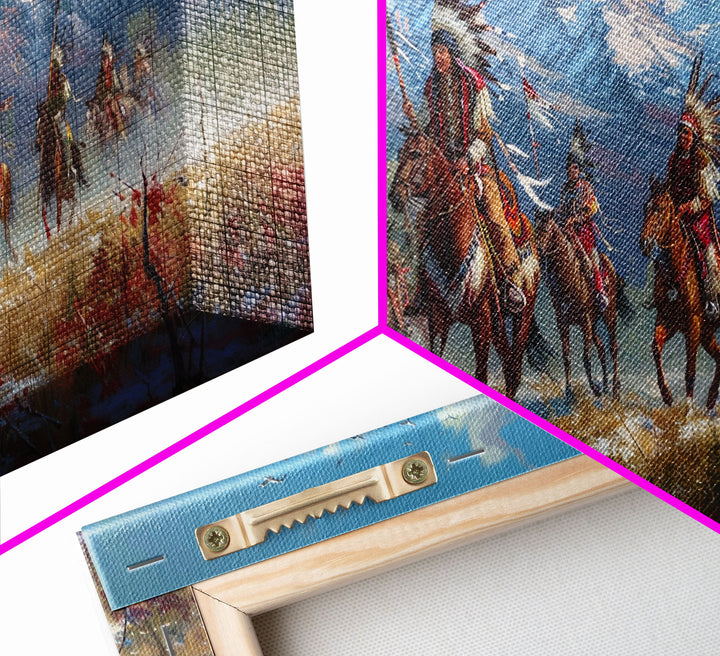 Native American Warriors Riding Through Snow-Capped Mountains, Ideal Wall Art, Framed Canvas Print Living Room Bedroom Decor, Historical Art