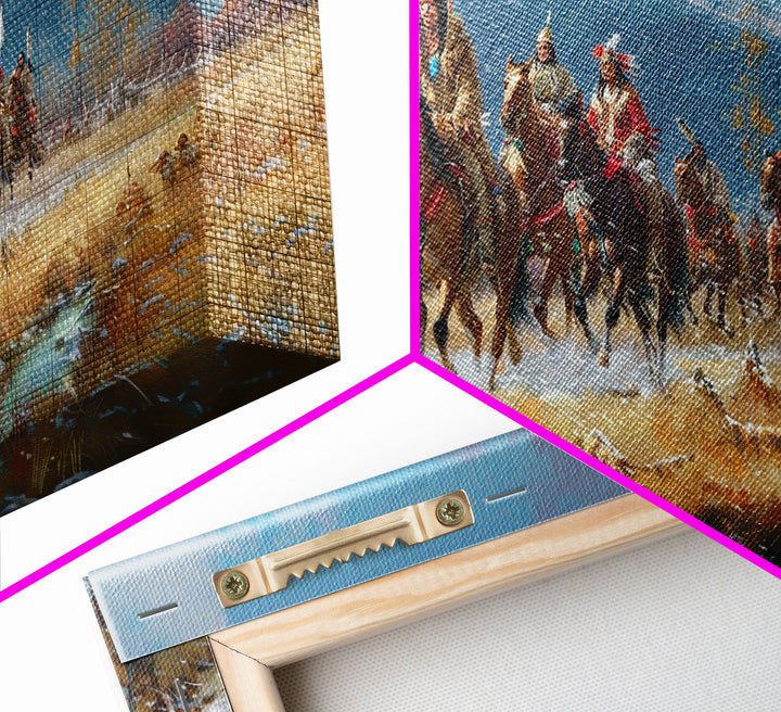 Tribal Warriors Journeying Through Snowy Landscape, Perfect Wall Art, Framed Canvas Print for Living Room or Bedroom Decor, Historical Art