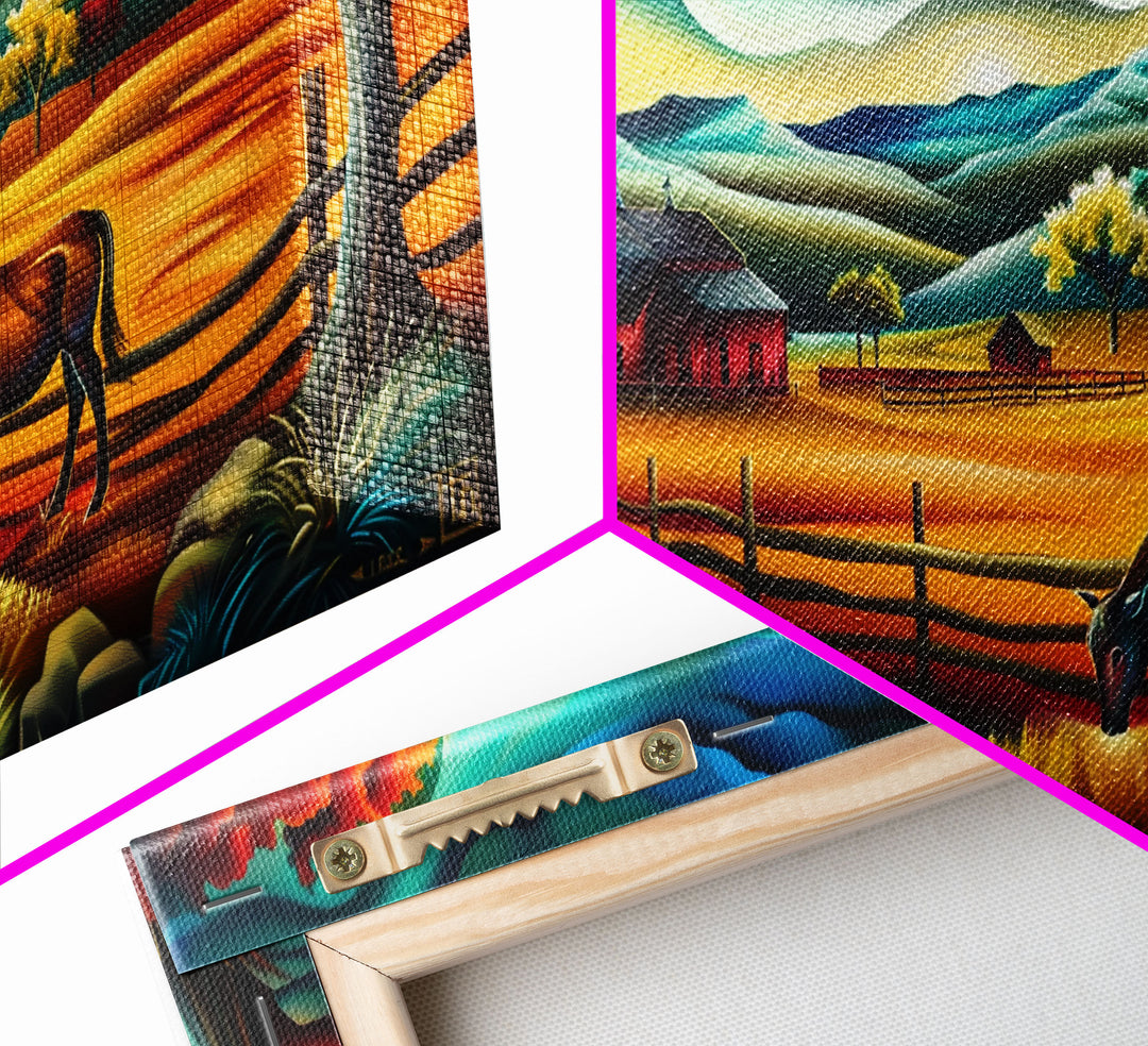 Abstract Colorful Farm Scene with Grazing Horse, Ideal Wall Art, Framed Canvas Print for Living Room or Bedroom Decor, Vibrant Nature Art