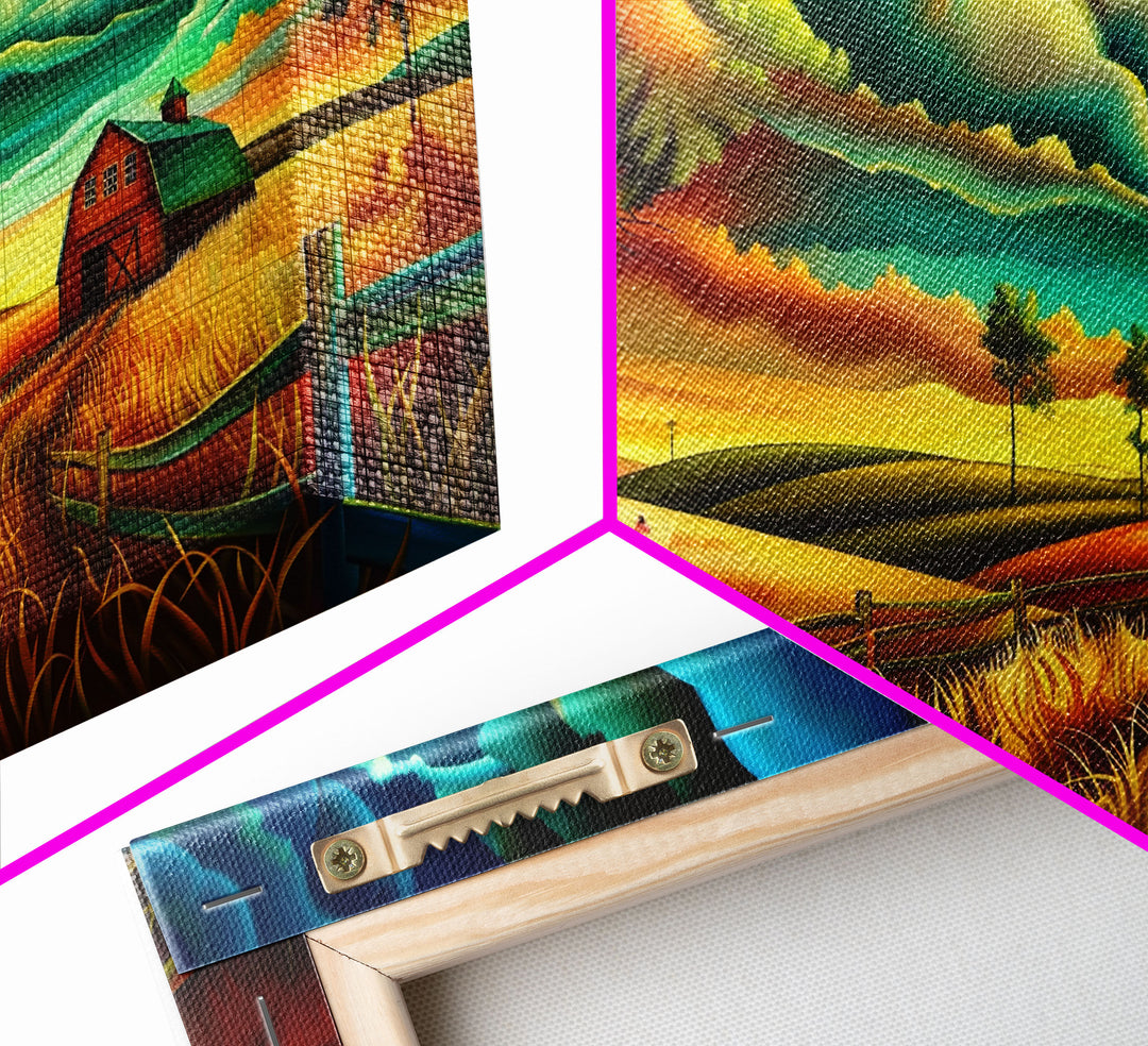 Vivid Abstract Farm Landscape with Dramatic Sky, Perfect Wall Art, Framed Canvas Print for Living Room or Bedroom Decor, Colorful Nature Art