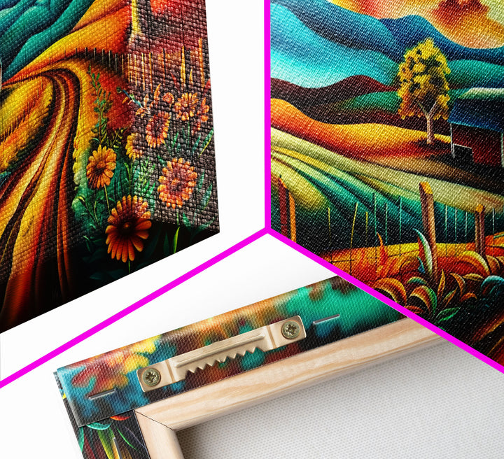 Colorful Farm Scene with Sunrise Over Mountains, Perfect Wall Art, Framed Canvas Print for Living Room or Bedroom Decor, Vibrant Nature Art